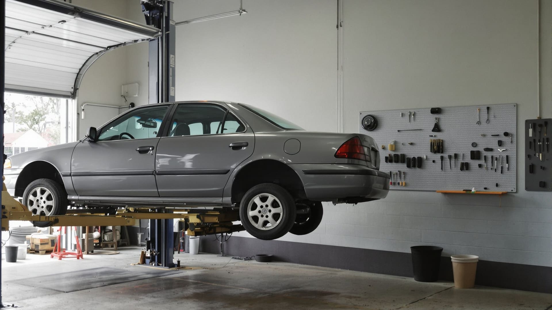 Illustration: a grey sedan raised on a two-post lift in a small repair bay, with a pegboard of hand tools on the wall.