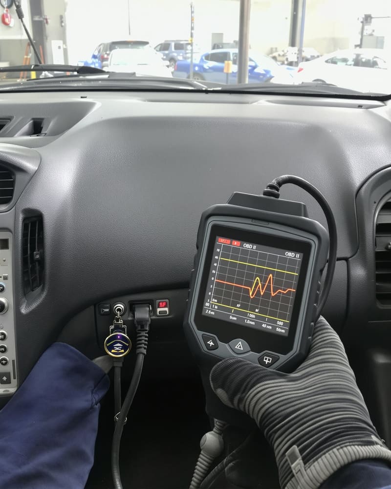 Illustration: a gloved hand holding a scan tool plugged in under a car's dashboard, with a graph on its screen.